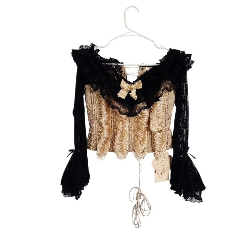 LaceMade Springfield Flower Corset Top M Gold Black Lace Cottage Fairy NEW